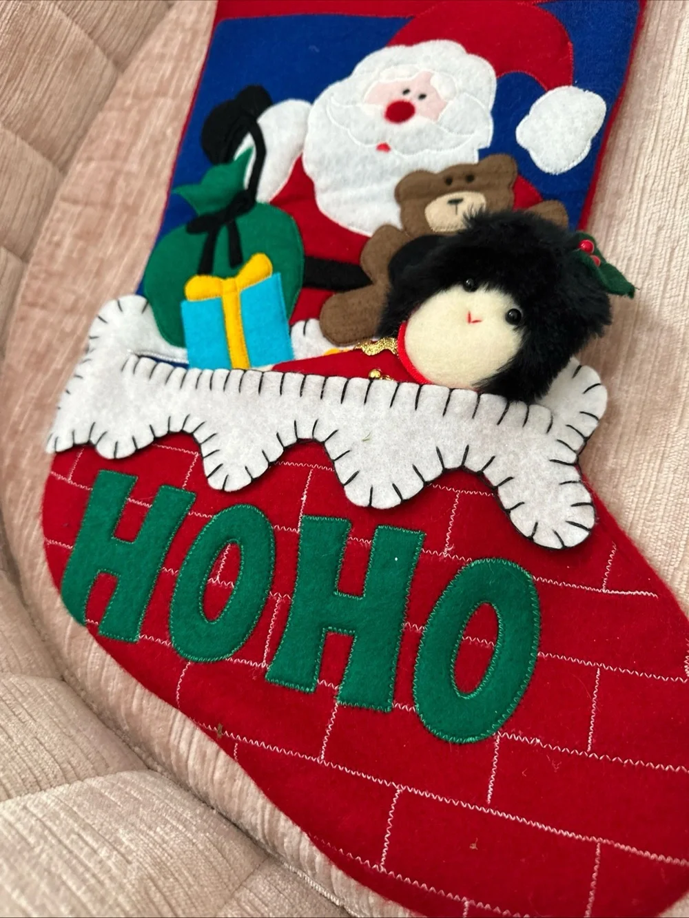 Vintage Felt Christmas Stocking Santa Teddy Fireplace & Nutcracker Soldier 19”